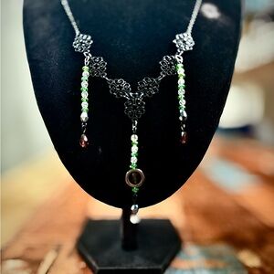 Goth Crystal Dangle Black and Green Necklace - Handmade